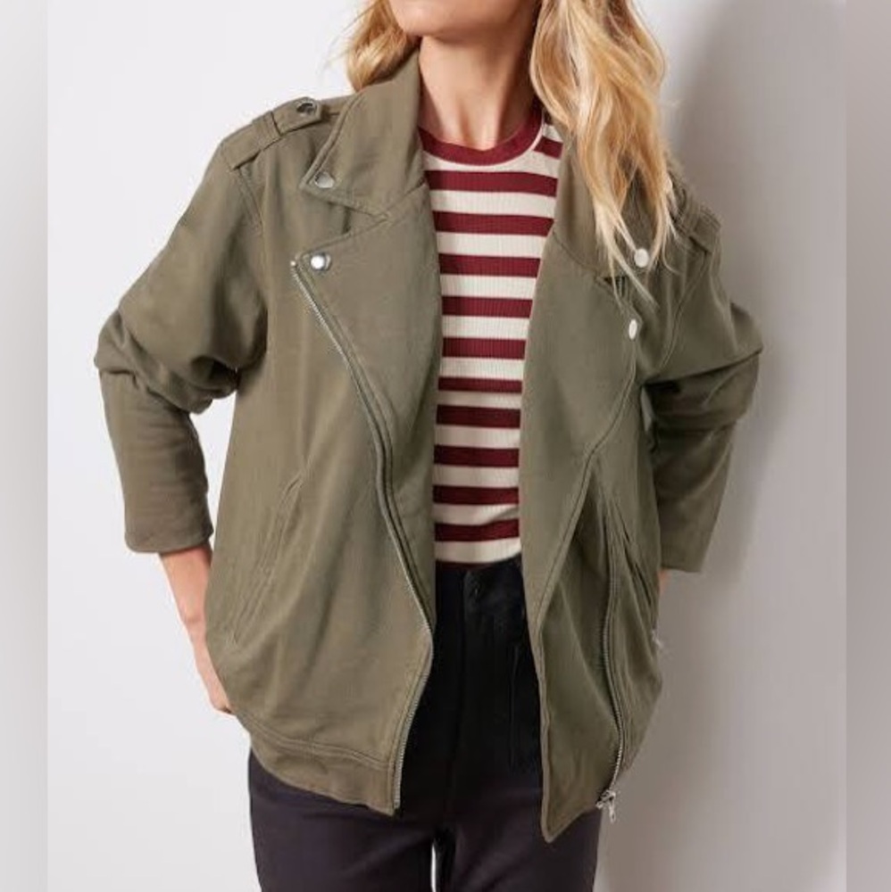 💙 Evereve Olive Green French Terry Moto Jacket size Small